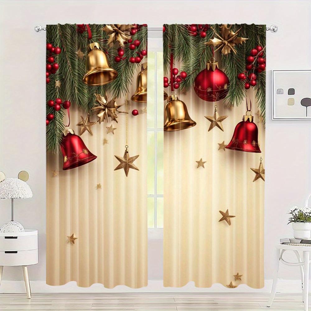 Christmas Bell Print Curtains Polyester Satin Artistic Classic Style Home Decor for Living Room and Bedroom Window Drapes 2pcs