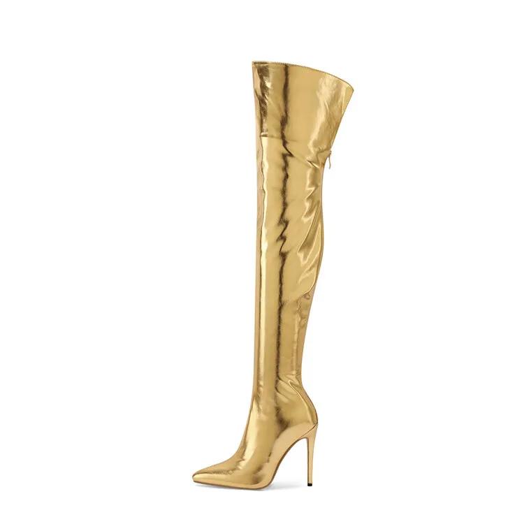 Sexy Silver Gold Rear Zipper Over Knee Boots Women's Pointed High Heels European and American Fashion Long Boots Big Size