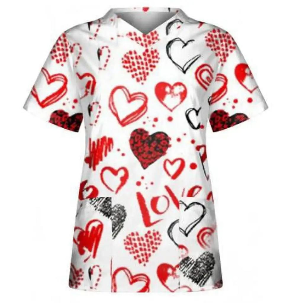 Women's Nursing Uniform with Romantic Heart Pattern Print Women's Short Sleeved Uniform Fashionable Casual and Comfortable