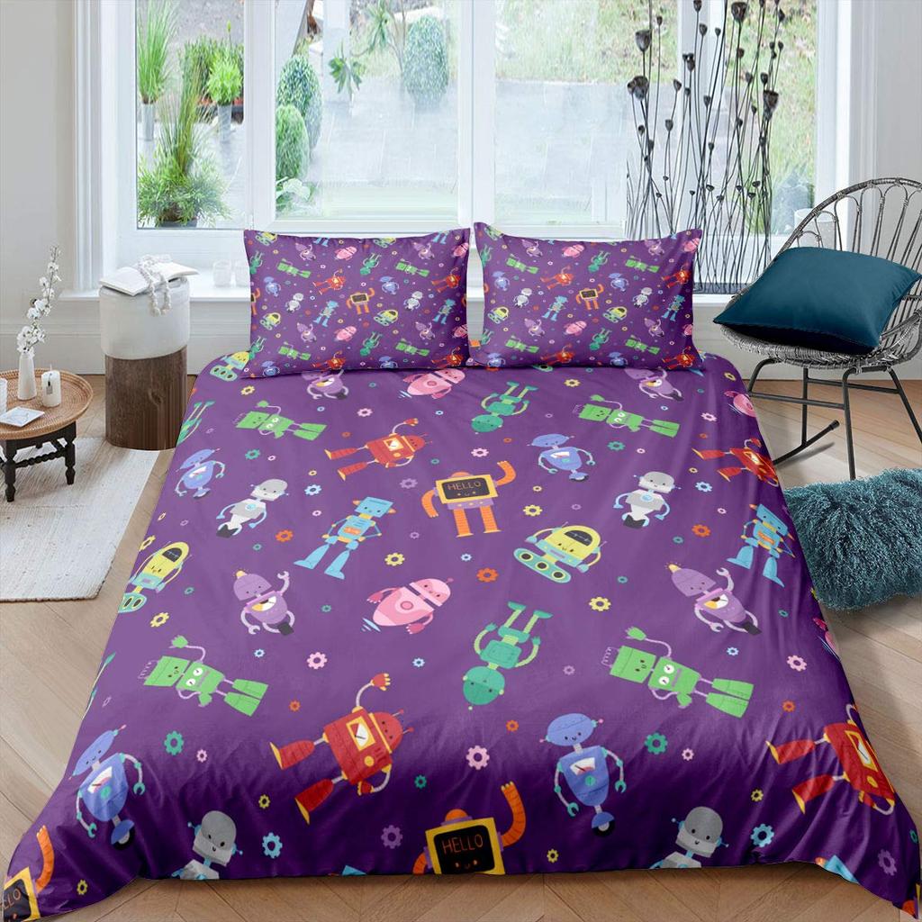 Children Kids Young Boys' King-Sized Dimensionsd Dimensions Beding - Watercolor Robot Soft Duvet Cover Set, 2/3 Pcs Featuring Modern Carton Super