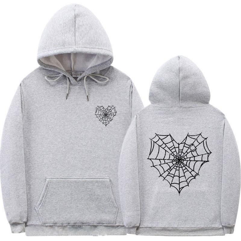 Gothic Spiderweb Print Hooded Sweatshirt Unisex Oversized Pullover With Ribbed Hem Fall