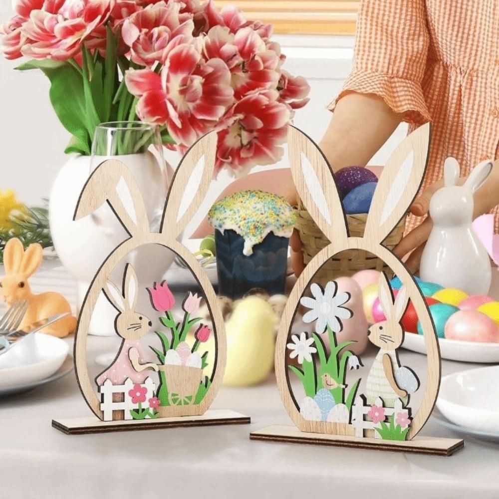 2Pcs Farmhouse Rustic Wooden Easter Rabbit Hand-Painted Easter Table Decor  Table Mantel