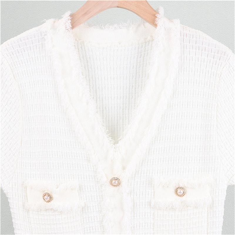 Summer women's knitted short sleeved dress Solid color temperament shows slimming mid length skirt