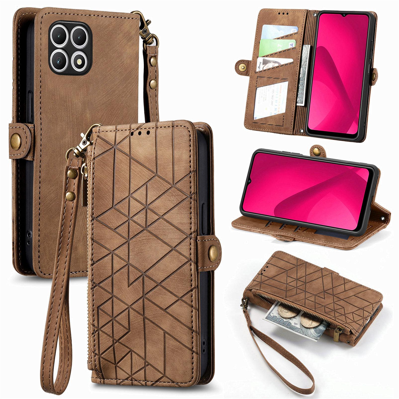 

For T-Mobile REVVL 7 Wallet Case Geometry Leather Phone Cover Zipper Pocket Brown