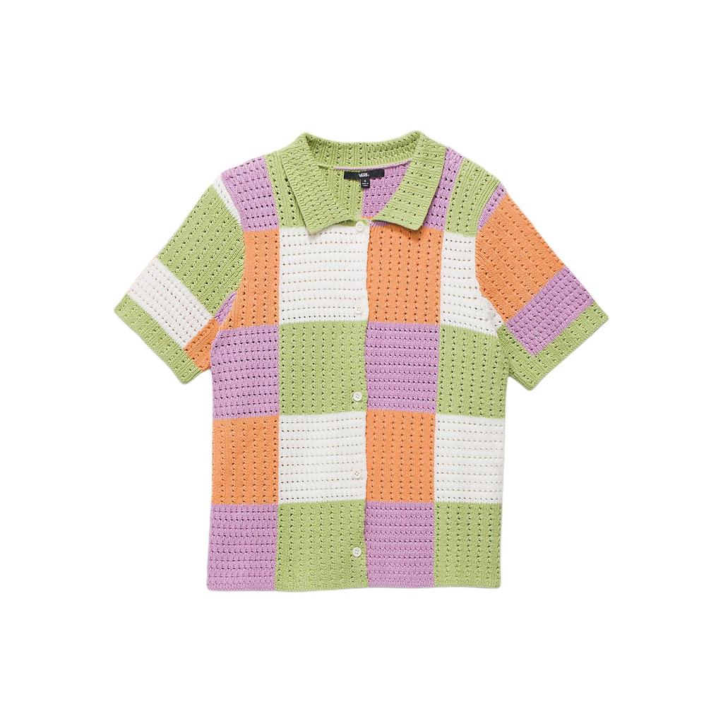 Vans Color-Block Plaid Button-Up Short Sleeve Sweater Women Tops Green VN000G3QCR0