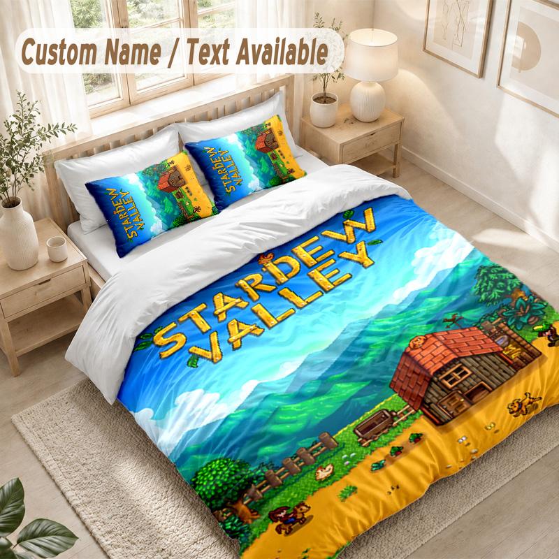 Stardew Valley Bedding Set, 1 Duvet Cover & 2 Pillowcases Soft Comfortable Bedroom Home Textile Decor