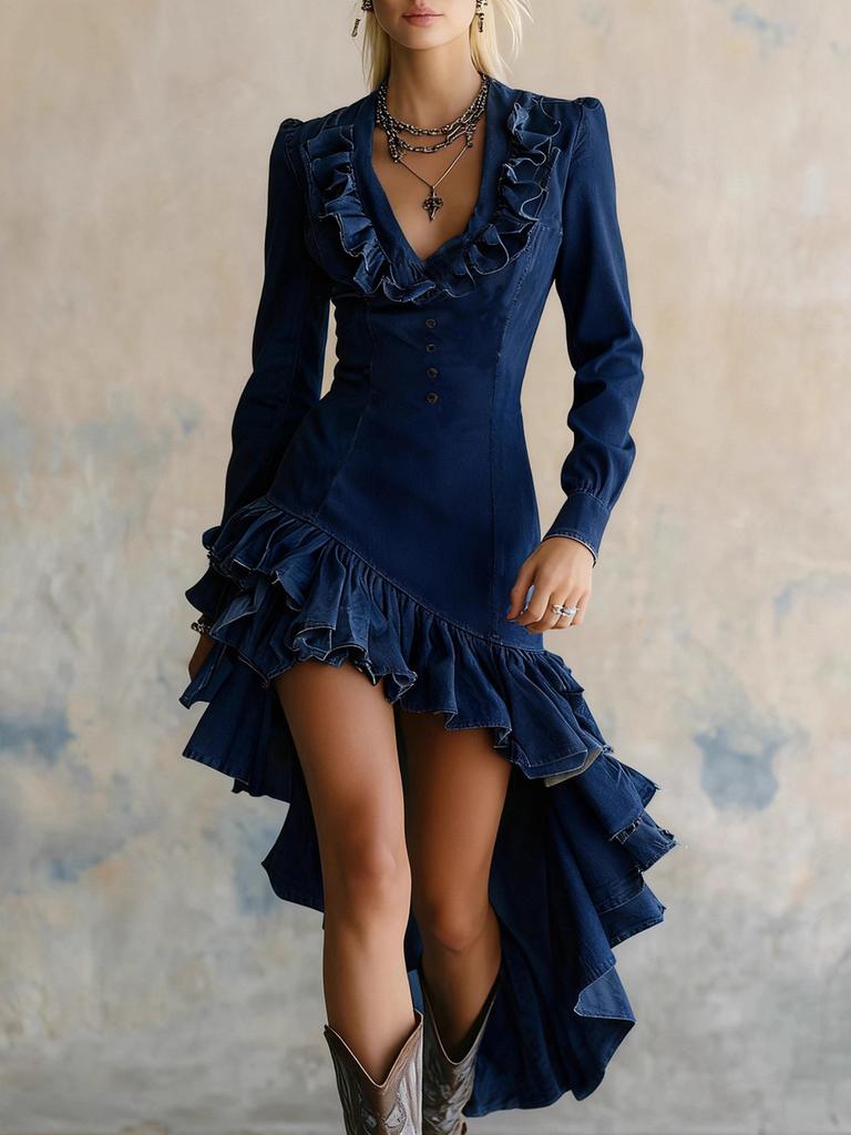 Vintage Western Landhaus Blumen Rüschen Wasch Denim Stoff Kleid für Damen