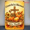 1pc Thanksgiving Metal Sign Autumn Pumpkin Cross Wall Decor Iron Plate 11.81x7.87in