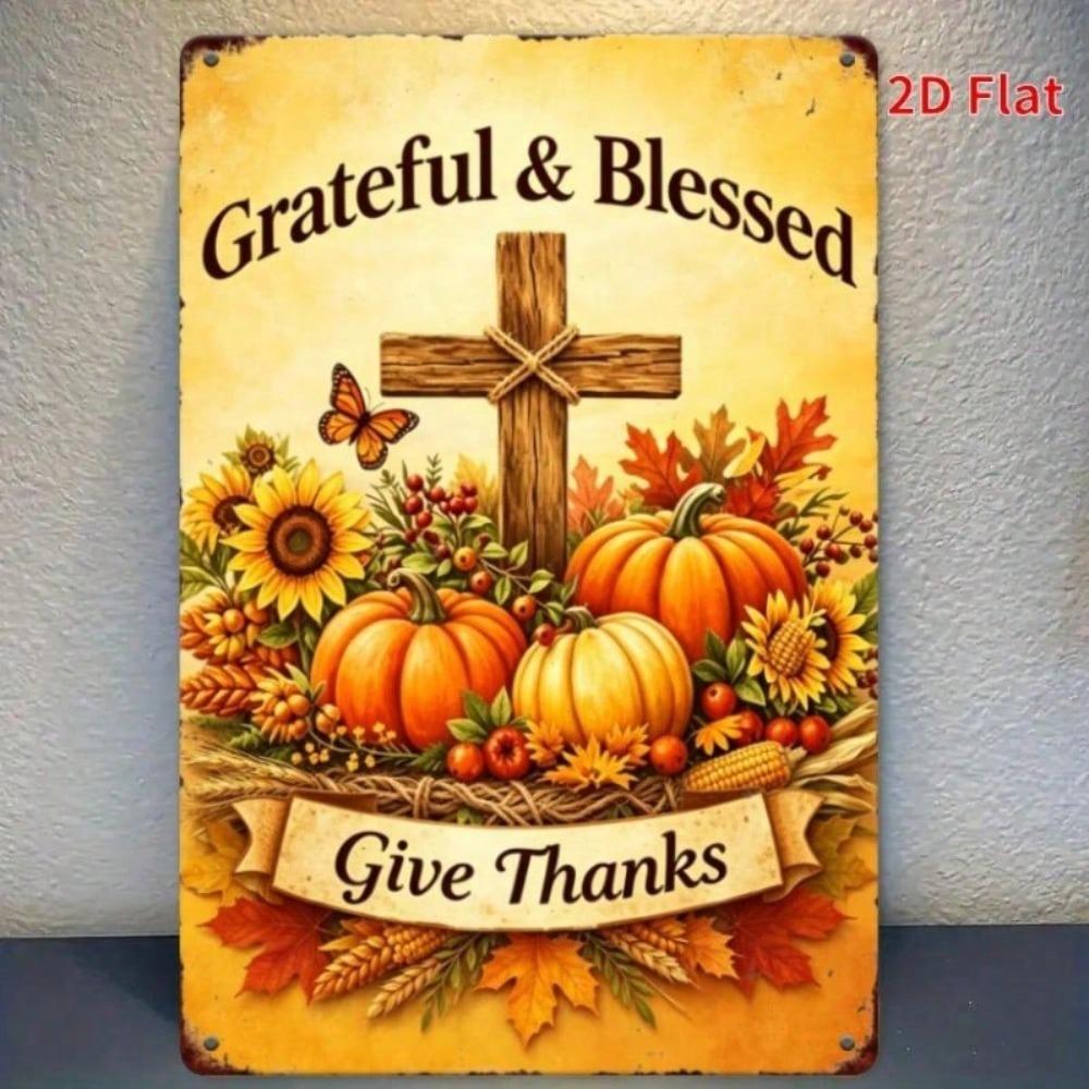 1pc Thanksgiving Metal Sign Autumn Pumpkin Cross Wall Decor Iron Plate 11.81x7.87in