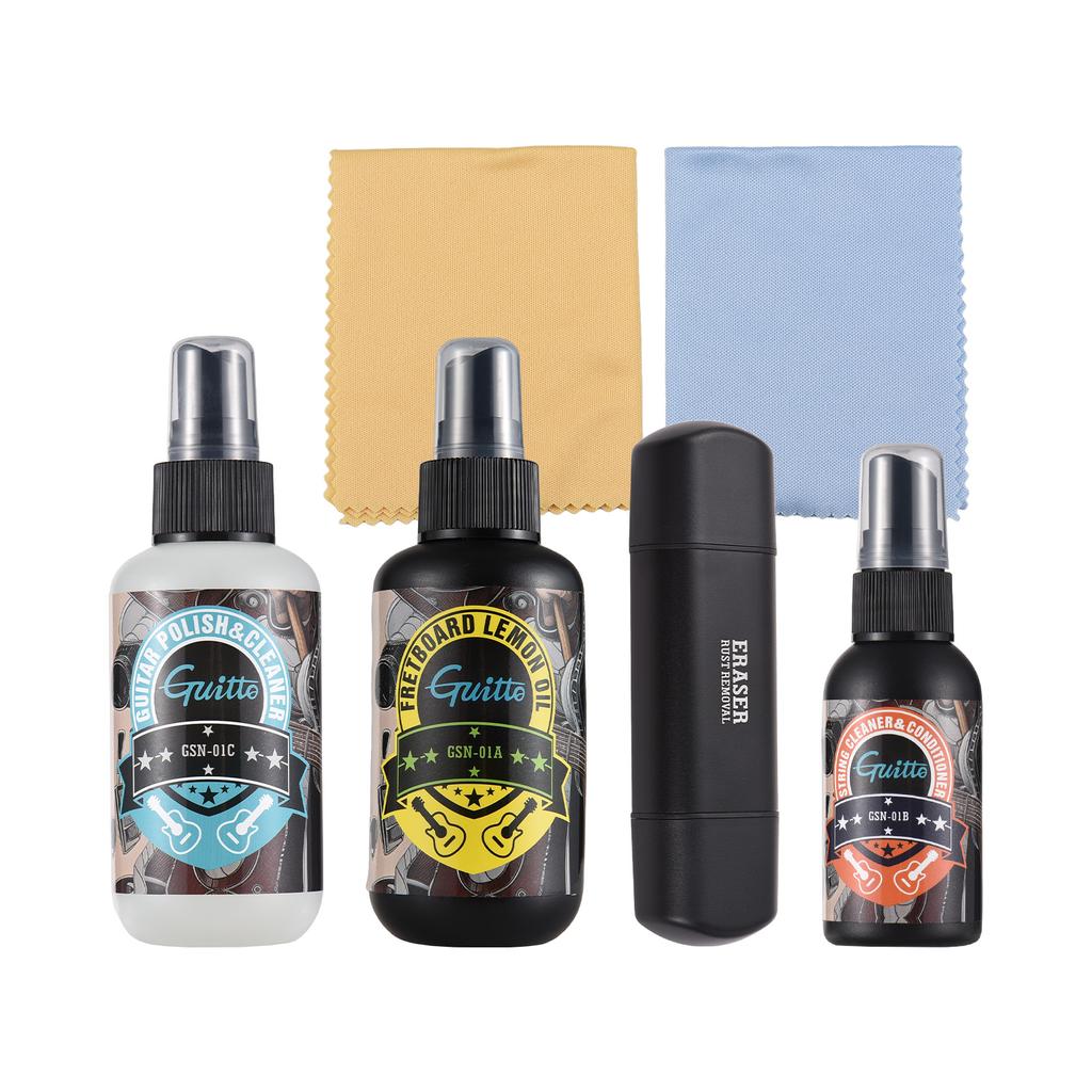 GUITTO Sada na čištění a péči o kytary 120ml Citronový olej na hmatník 50ml Antikorozní olej 120ml Čisticí