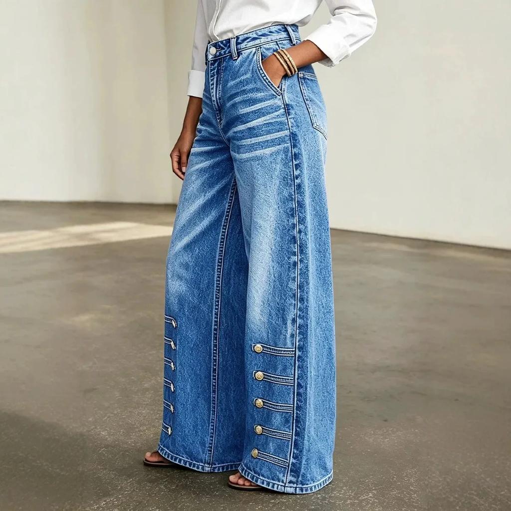 Damen Lässige High Waist Weite Beine Jeans mit Seitenknöpfen Dekoration Lockerer Schnitt Blaue Jeans