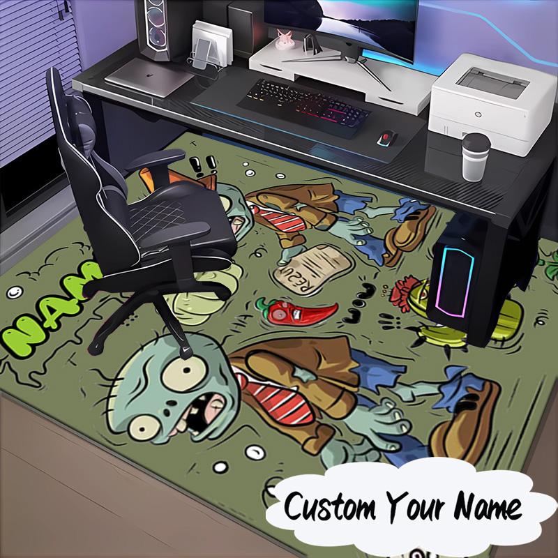 Custom Name Zombie Garden Battle Rug for Living Room, Game Rooms, Office, Bedroom, Floor Mat Playful Design, Fan Gifts Christmas Decor