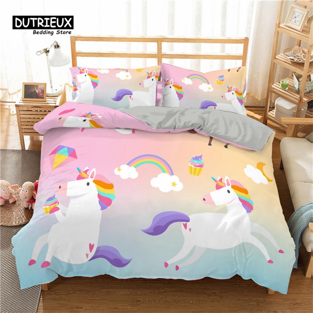 Girls Unicorn Flower Duvet Cover Cartoon Bedding Set Microfiber 3D Print Comforter Cover King Full For Kids Teen Bedroom Decor