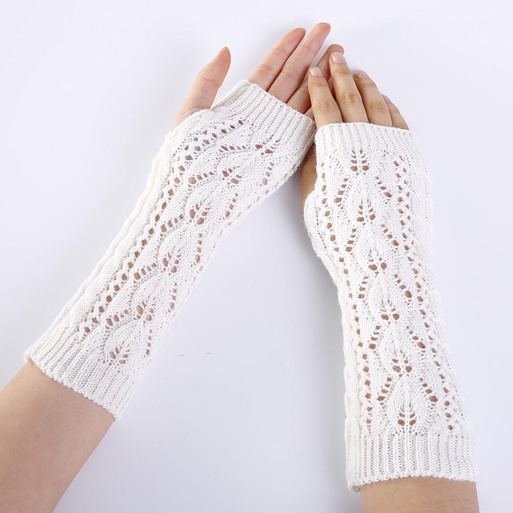Hollowed Out Leaf Fingerless Gloves for Women's Autumn and Winter  New Mesh Warm Knitted Woolen Half Finger Arm Covers