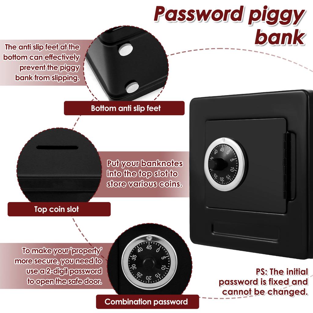 Sparschwein aus Stahl, schwarzes Sparschwein mit Zahlenschloss, sturzsichere Aufbewahrungsbox für Bargeld und Münzen, Geschenk für Kinder und Erwachsene