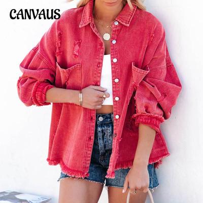 Frühling und Herbst Damen Jacke Revers Langarm Retro Street Hole Raw Edge Jeansjacke