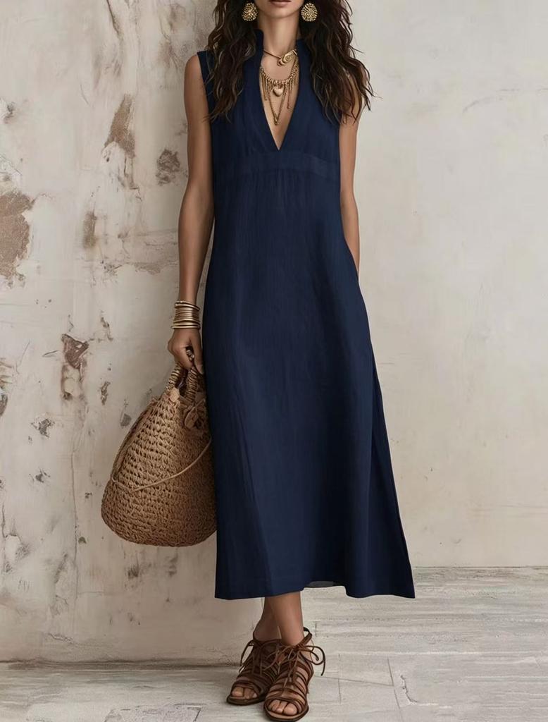 2026 New Women's Sleeveless Stand-up Neck V-neck Dress, High Waist Loose Split Fork Summer Casual Long