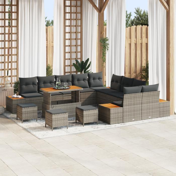 Ensemble de canapé de jardin vidaXL 14 pièces avec coussins Gris Poly Rattan Acacia, Ensemble de salle à manger de jardin 3362983