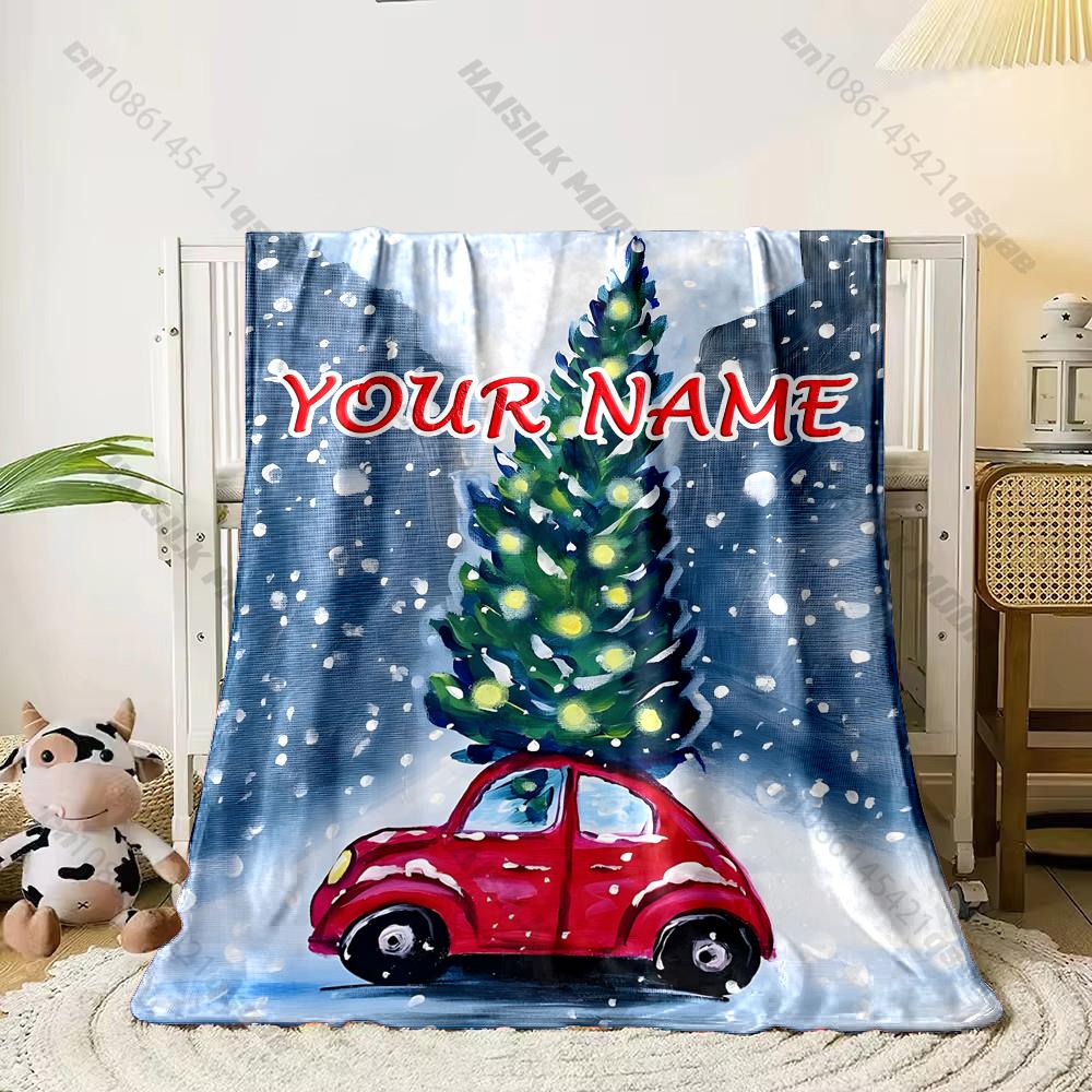 Custom Name Red Car Christmas Tree Blanket, Christmas Flannel Throw Blanket, Holiday Gift For Family