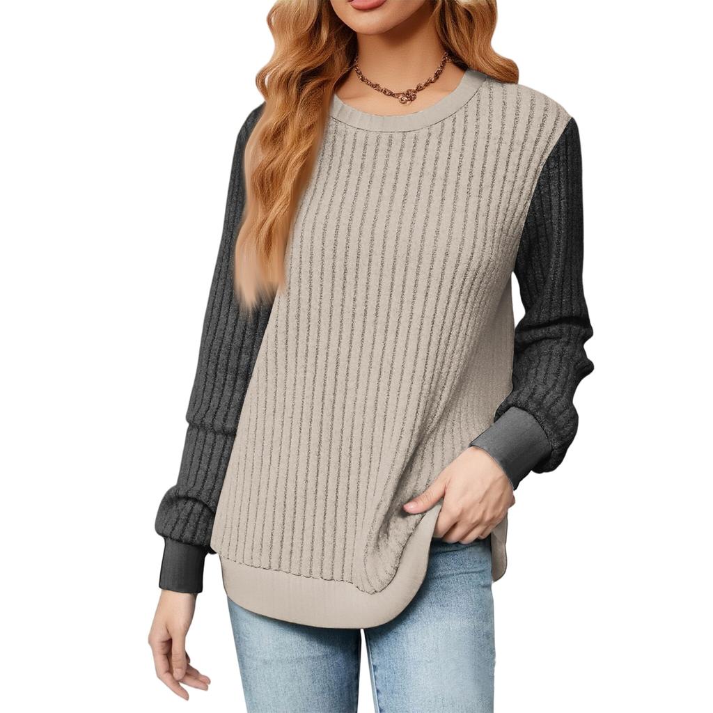 Modischer Damen Langarmpullover mit Farbblockdesign und lockerem Rundhalsausschnitt