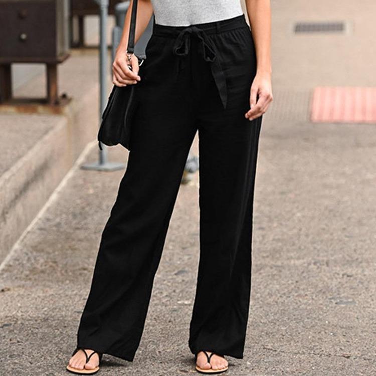 Women Casual Loose Elastic Waist Wide Leg Trousers Long Straight Pants Solid Autumn Polyester Cotton Comfortable