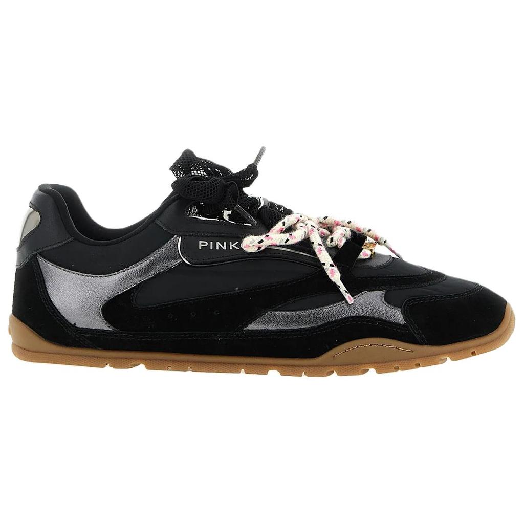 PINKO Yulia 01 Calfskin Logo Detail Embellished With Shiny Gems Flat Lace-Up Low-Top Casual Shoes Women sneaker Black SS0185P076Z99
