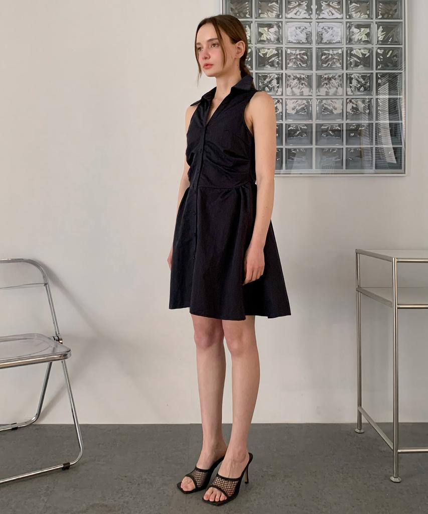 Baseukala Shirring Sleeveless Collar Shirt Mini Dress (2Colors)