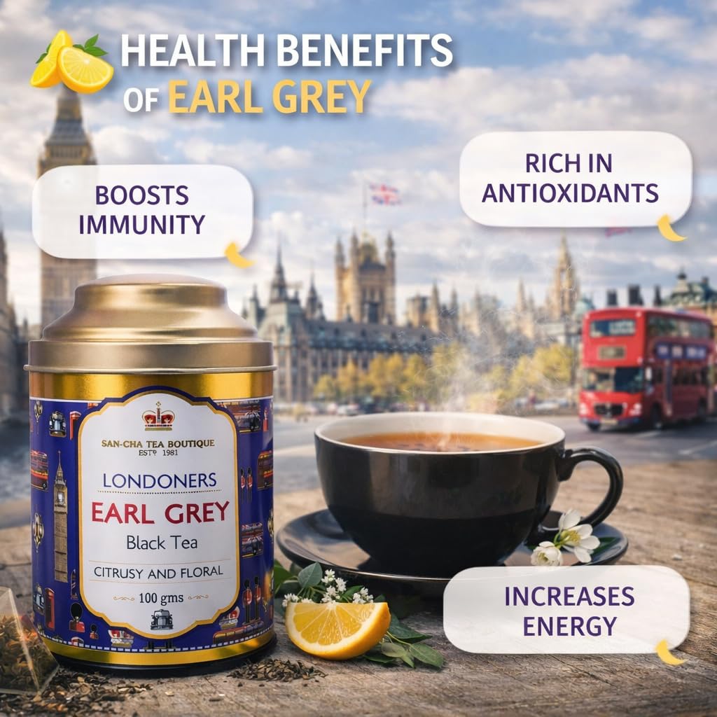 Sancha Londoners Herbata Earl Grey | 100g Liściasta | Premium Darjeeling z Naturalną Bergamotką | Cytrusowa Mieszanka w Brytyjskim Stylu