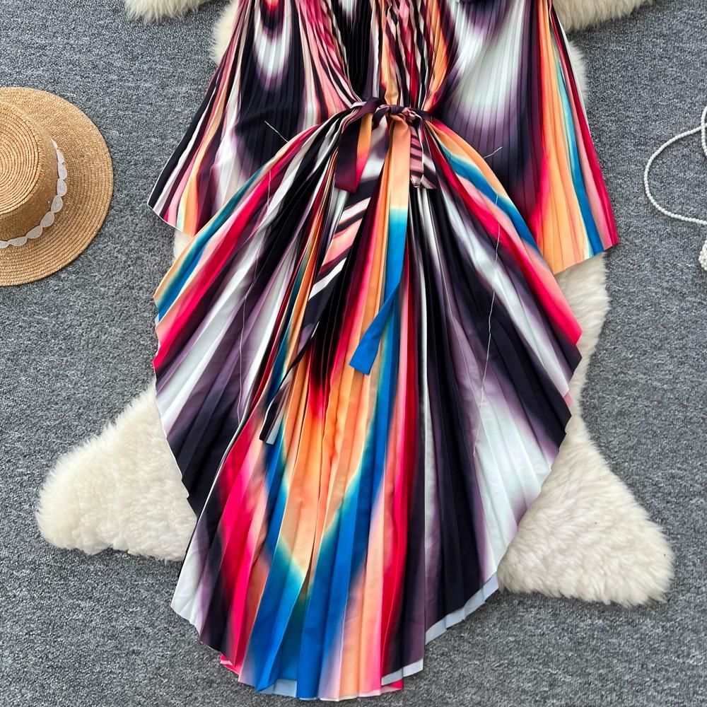 Spring Autumn Women Elegant Print Miyake Fold Cape Robe Batwing Sleeve Oversized Loose Pleated Home Dresses