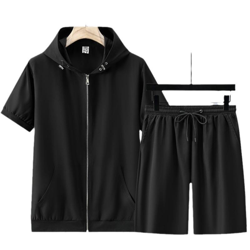 Men's Plus Size Casual Hooded Zip-Up Summer Set: Trendy Loose Short Sleeve Outfit