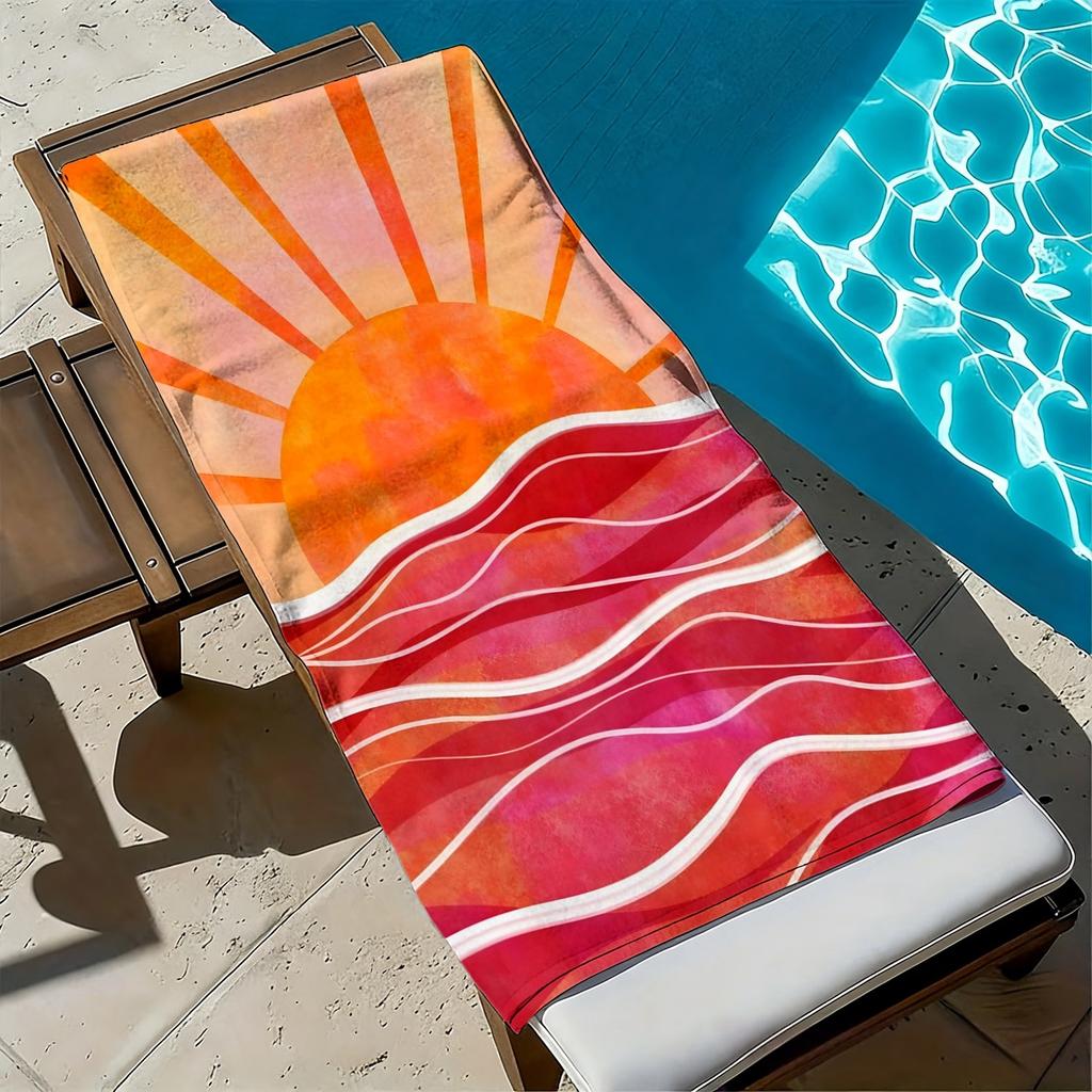 Sunset, waves, and sun pattern polyester microfiber beach towel is highly absorbent, suitable for swimming and beach outings