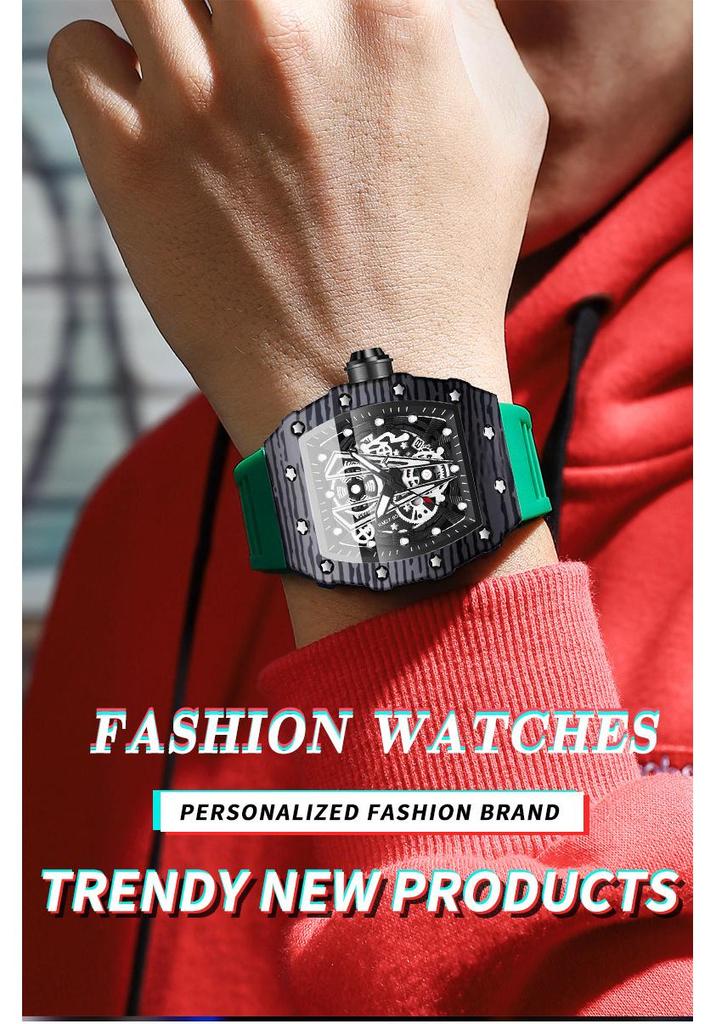 BINBOND Men's Domineering Barrel-Shaped Sports Watch with Curved Hollow Design