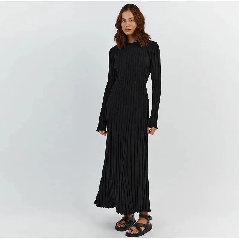 Elegant Solid Ribbed Knitted Maxi Dress Women Slim Casual Waistband Round Neck Long Sleeve Lace Up A-line Dresses 2023 Autumn Lady Streetwear Robe