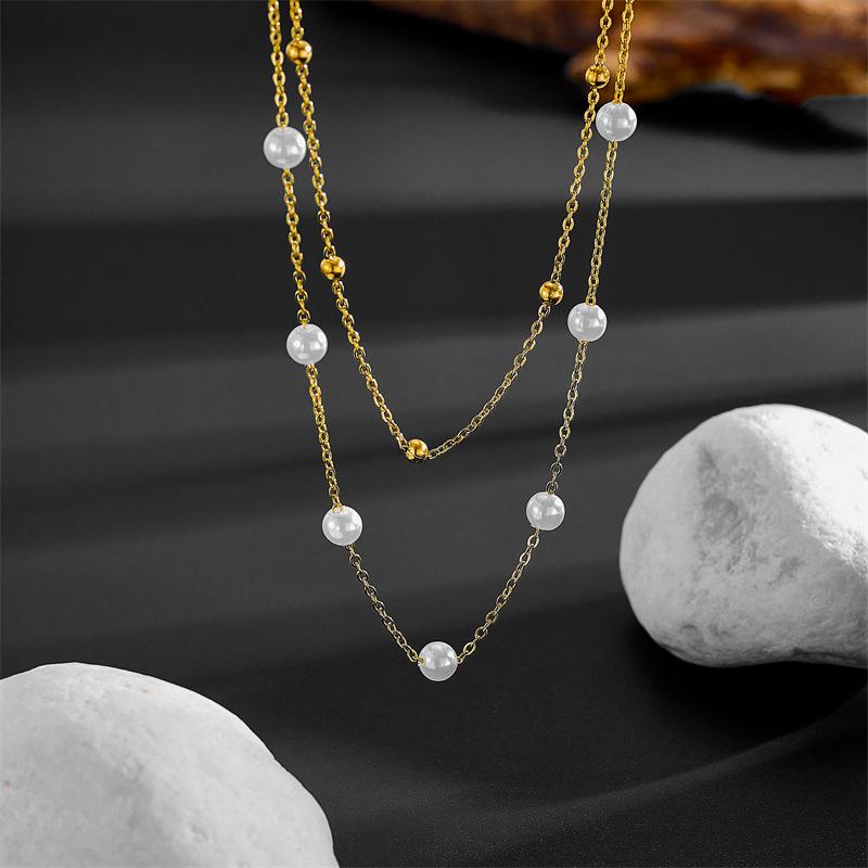 Stainless Steel Double Layer Pearl Necklace with Chain