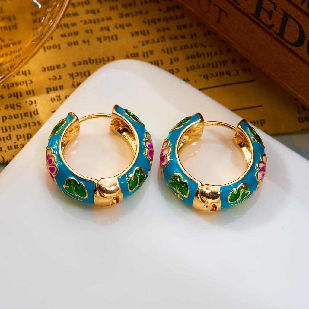 Vintage Colorful Enamel Flower Chunky Hoop Earrings For Women Gold Color Daisy Flower Circle Huggie Earring Party Jewelry