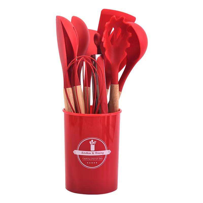 12-Piece Non-Stick Silicone Kitchen Utensil Set with Wooden Handles