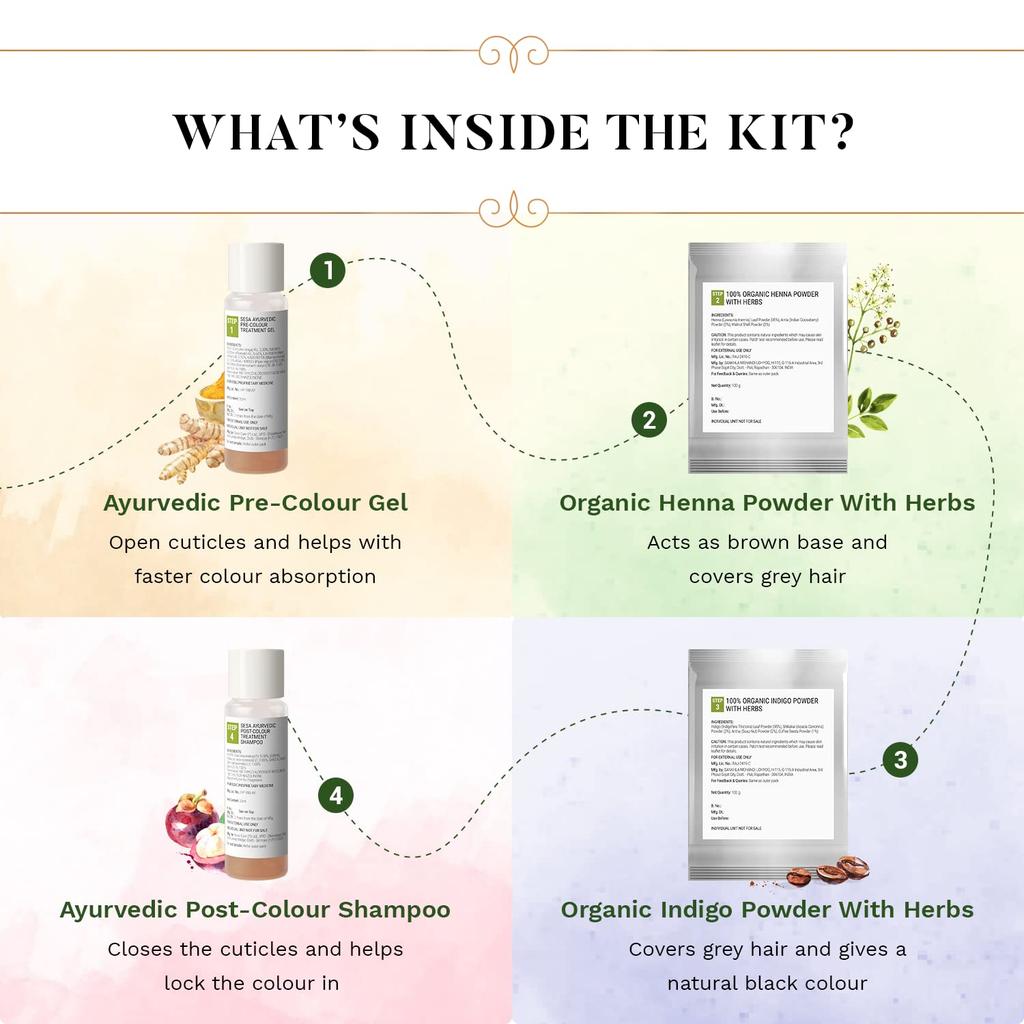 SESA 4 Step Natural Hair Colour Kit For Grey Hair Coverage Organic Ayurvedic No Ammonia PPD Peroxide 200g + 40ml DIY Use