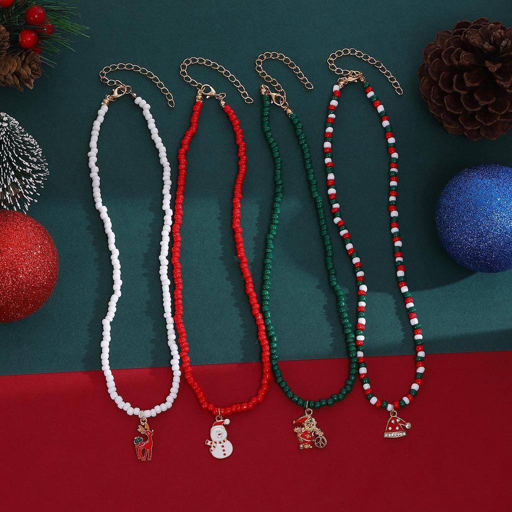 New Creative Christmas Set: Santa Claus Cane, Christmas Hat, Snowman Beaded Necklace