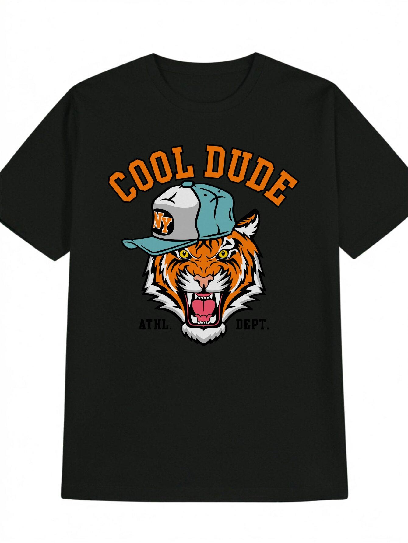 Casual Round Neck T-shirt with Tiger Head Baseball Cap Print S