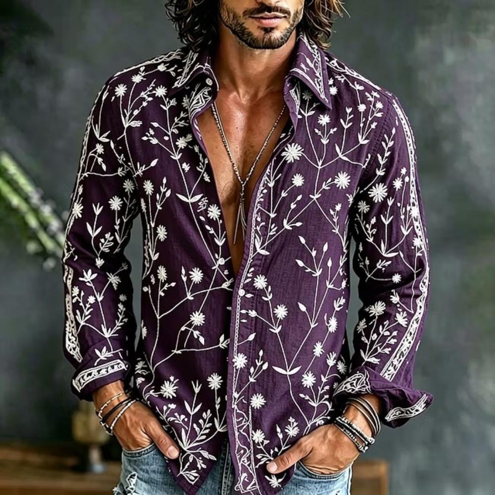 Men's Artistic Wildflower Herbal Long Sleeve Shirt in Rice White Same Color Plant Printed Collar Casual Shirt