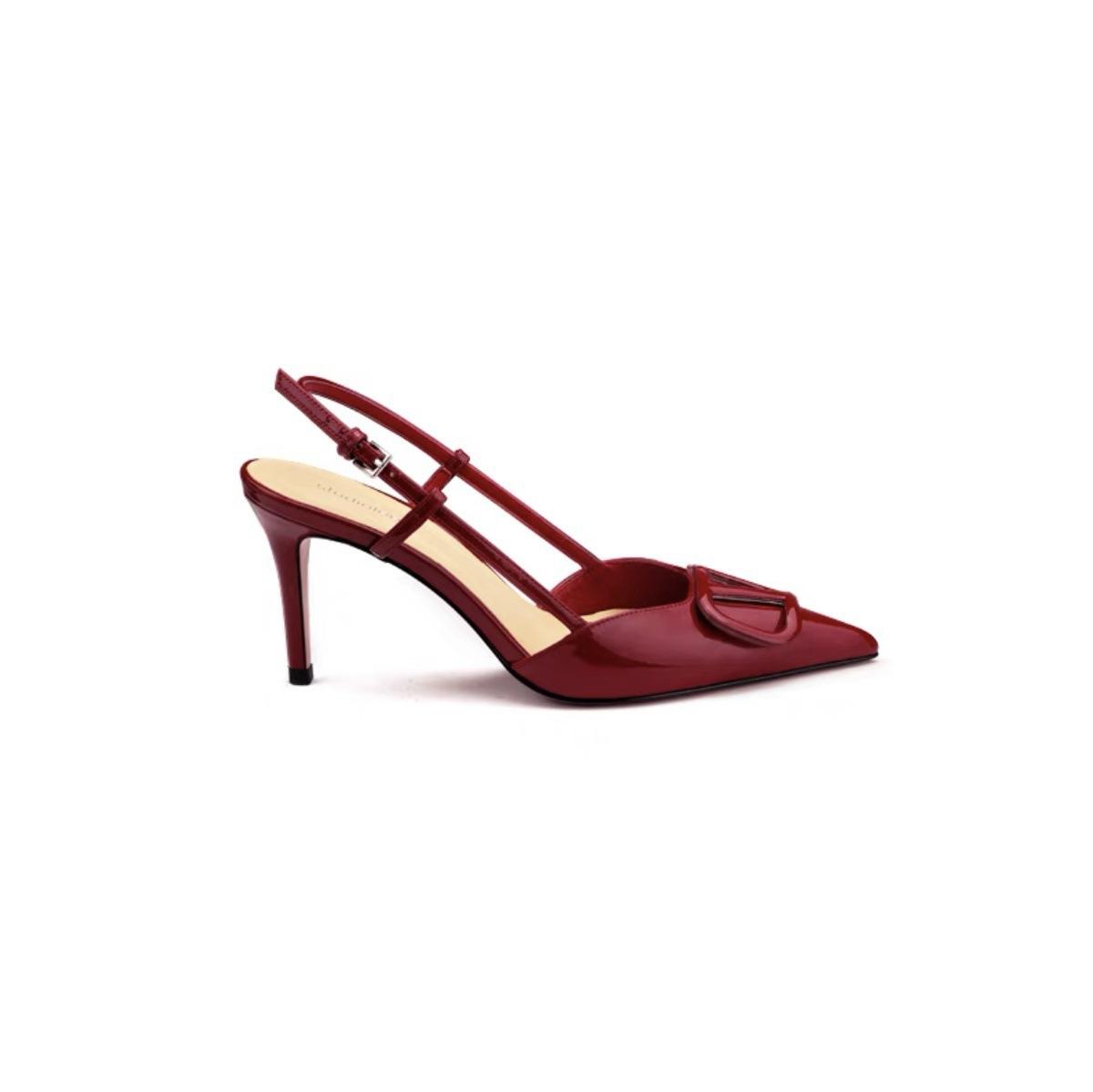 

Sheepskin version~ V buckle high heels women s summer versatile leather French pointed single shoes rear empty thin heel commuter sandals 40