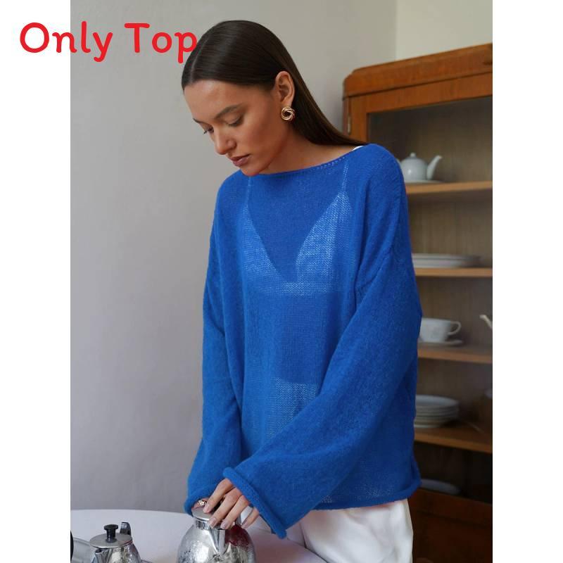Polyester Knit Sweater With Openwork Lace Design Bell Sleeve Round Neck Summer Layering Top