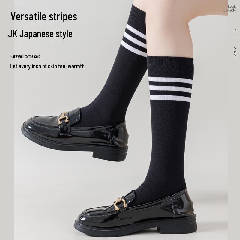 Women's Autumn/Winter Three-Stripe Knee-High Cotton Socks - Japanese JK Slimming, Sweat-Absorbent, Breathable Design