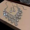 Pre-Owned Floral Geometric Rhinestone Jewelry Set with Clavicle Necklace & Earrings In Turquoise and Pearl Tones