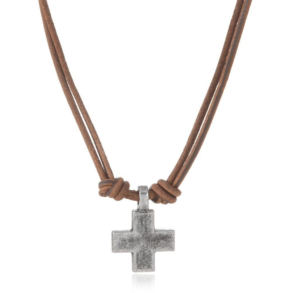 Handmade Craft Rope Leather Necklace Retro Braided Cross Necklace Cross Pendant Necklace Gifts
