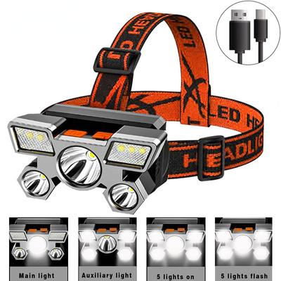 5LED Jasny Przenośny Czołówka USB Akumulator Wbudowany 18650 Baterii Latarka Lekka Praca Na Zewnątrz Camping Latarnia