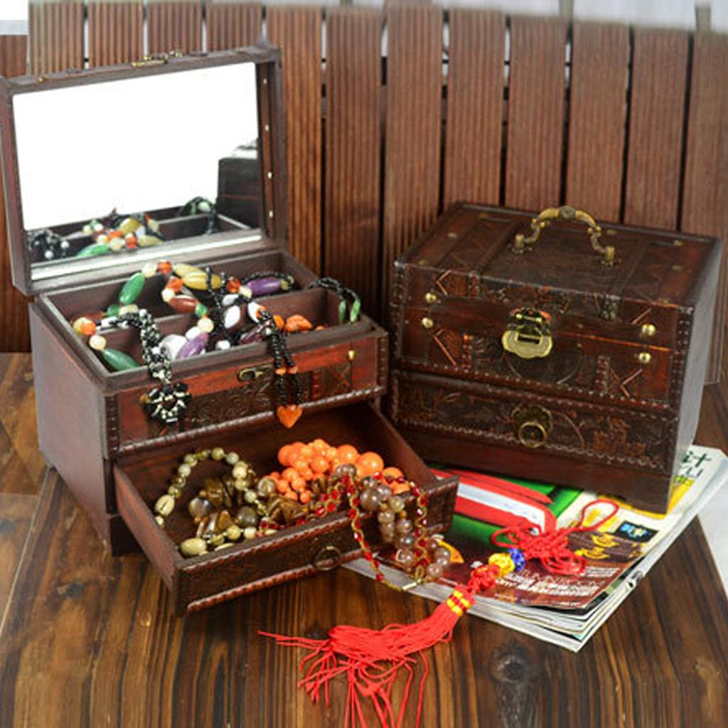 Abschließbarer Schmuckorganisator aus Holz für Ohrringe, Halsketten, chinesische Schmuckschatulle mit Spiegel, Halter für Damenaccessoires