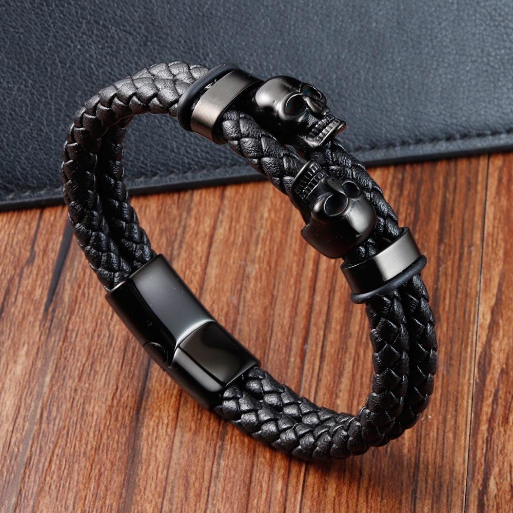 Multi-layer Punk Bracelet Stainless Steel Charm Magnetic Black Leather Men's Skull Braided Bangle Jewelry Homme