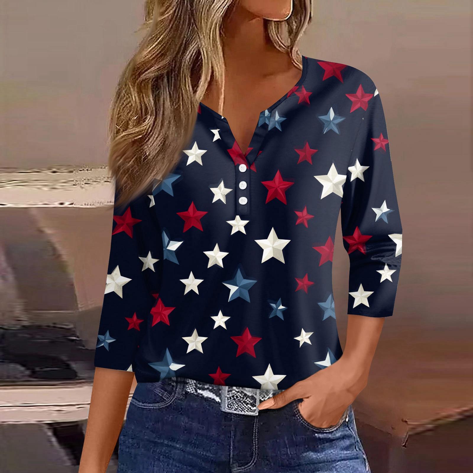 

Women s T Shirt Independence Day Print Button 3/4 Sleeve Daily Weekend Fashion Basic V- Neck Regular Top XXXL тёмно-синий