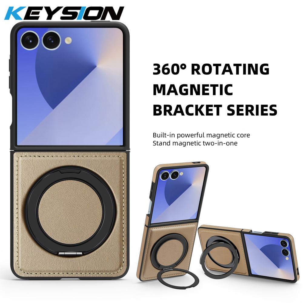 KEYSION 360° Rotating Magnetic Ring Stand PU Leather Case for MagSafe for Samsung Z Flip 7 5G 7 SE Wireless Charging Phone Cover